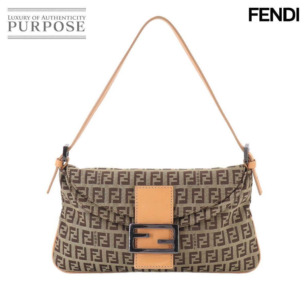 Fendi Zucchino Mamma Bucket Shoulder Bag Canvas Beige Brown Gunmetal Gray